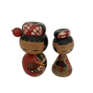 Vintage 1950's MCM Kokeshi Dolls Pair Nodder Japanese Japan Hand Painted 4"